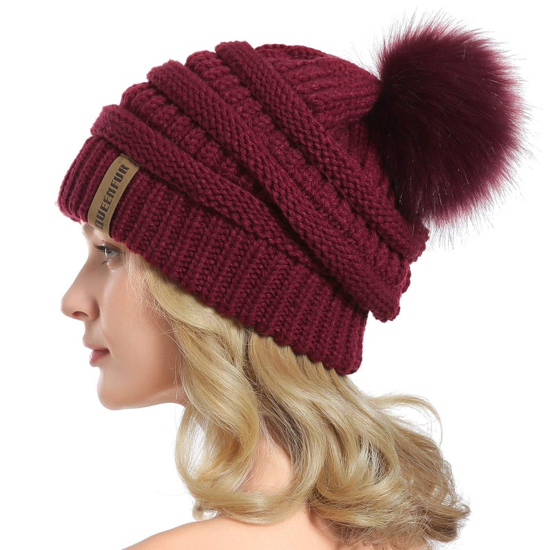 QUEENFUR Women Knit Slouchy Beanie Chunky Baggy Hat with Faux Fur Pompom Winter Soft Warm Ski Cap - Image 1